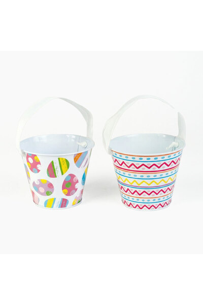 OEM Easter Patterned bucket - metal - ribbon handle - Ø11.7 x 10 cm