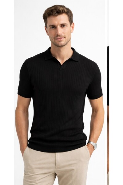 Cazador Men's Polo Neck Patterned Knitwear T-Shirt 34215 Black
