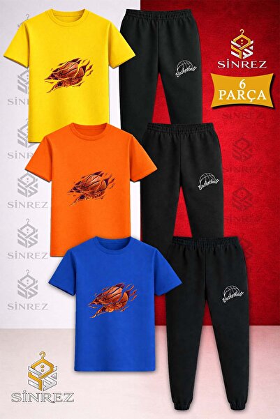 SİNREZ Children's Alevli Basketball Printed 3-Piece T-Shirt and Tracksuit Set