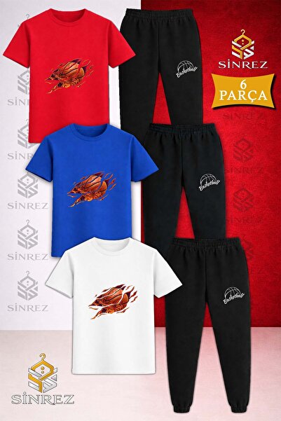 SİNREZ Children's Alevli Basketball Printed 3-Piece T-Shirt and Tracksuit Set