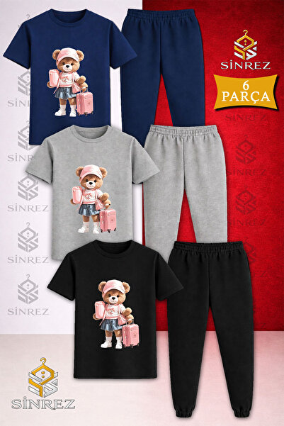 SİNREZ Children's Teddy Bear Suitcase Girl Printed 3-Piece T-Shirt Tracksuit Set