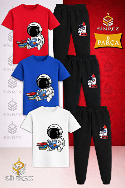 SİNREZ Set de trening cu tricou imprimat 3 piese pentru copii ASTRONAUT READI...