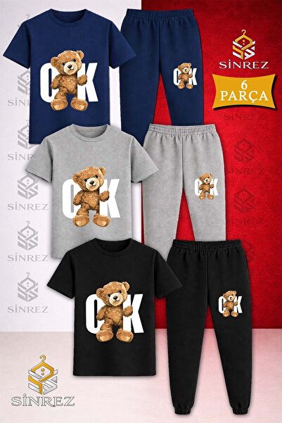 SİNREZ Children's Bear White Printed 3-Piece T-Shirt Tracksuit Set