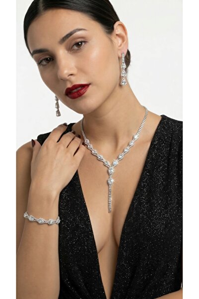 HUBANN Zarif Damla Taşlı Su Yolu Kolye Küpe Bileklik Takı Seti Gümüş Kaplama ...