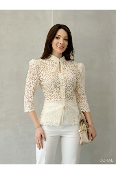 Coral Hakim Yaka Tulle Lace Pack Shirts 261123 Cream