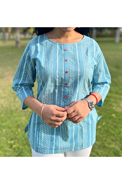 IndHeritage Premium light blue cotton top/ blouse with prints for women - per...