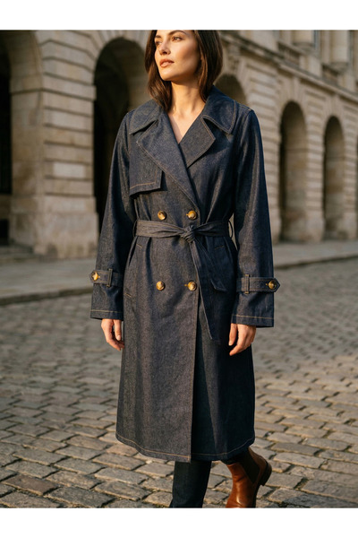 ÖRKCÜ Women's Dark Blue Long Denim Denim Trench Coat Transitional Jacket