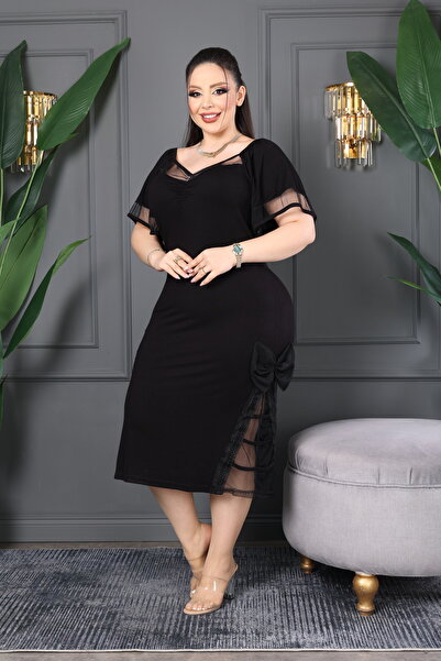 BONİTA FASHİON V-Neck Chiffon Sleeve Detail Slit Plus Size Midi Length Black ...