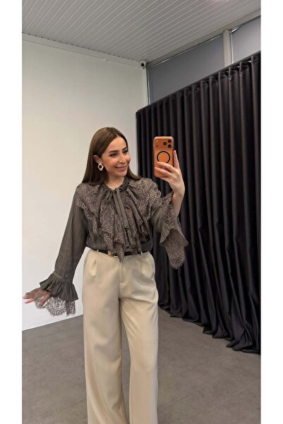 elif teke قميص سيينا بياقة وأكمام فرنسية، مجموعة من دانتيل قميص باللون الرمادي