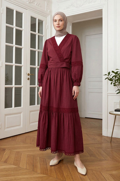 MODAQU Lace Detailed Kraş Blouse Skirt Burgundy Set