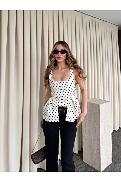 Laluvia Beige Strappy Blouse with Polka Dot Straps - 5081