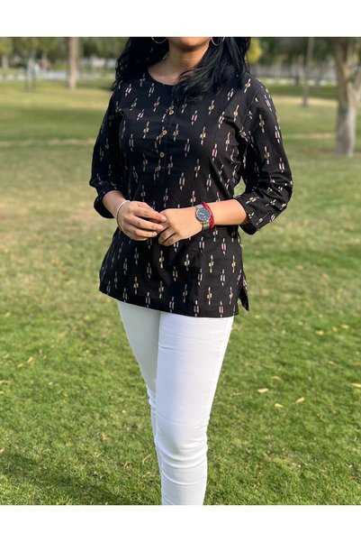 IndHeritage Premium black cotton top / blouse with white prints for women- perfect for office / casual wear
