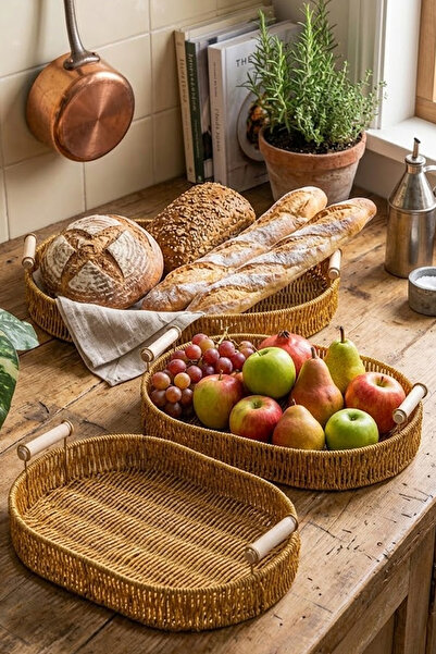 Ela&Elis Valera Rattan Decorative Basket Presentation Serving Tray Set of 3 W...