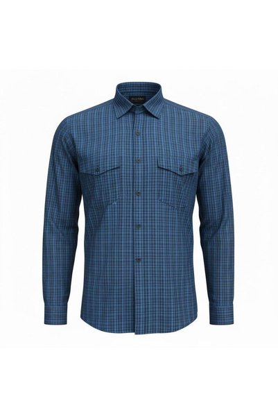 GÖMLEK GALERİSİ Classic Wide Cut Small Plaid Pack Double Pocketed Long Sleeve Cotton Men's Shirts