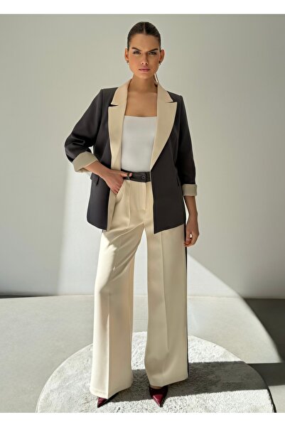 ossons Contrast Color Paneled Blazer Jacket Palazzo Pants Women's Set