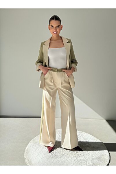 ossons Contrast Color Paneled Blazer Jacket Palazzo Pants Women's Set