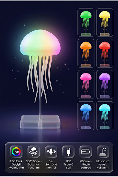 ALFAGİFT RGB Denizanası Gece Lambası Ses Sensörlü LED Dekoratif Masa Lambası ...