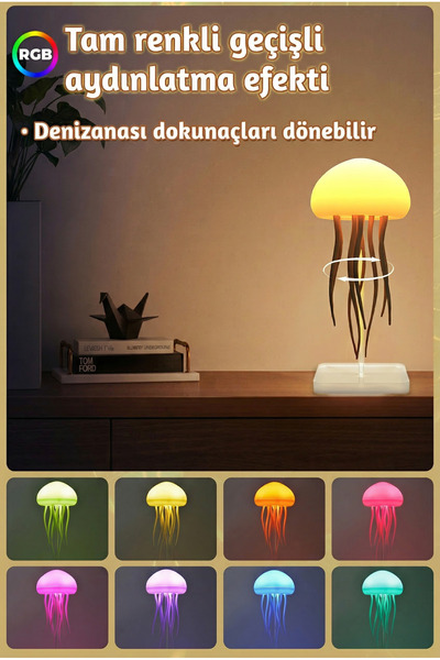 ALFAGİFT RGB Denizanası Gece Lambası Ses Sensörlü LED Dekoratif Masa Lambası USB Şarjlı Renk Değiştiren