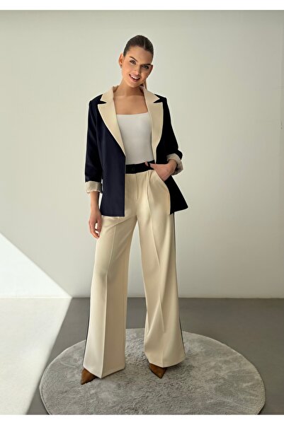 ossons Contrast Color Paneled Blazer Jacket Palazzo Pants Women's Set