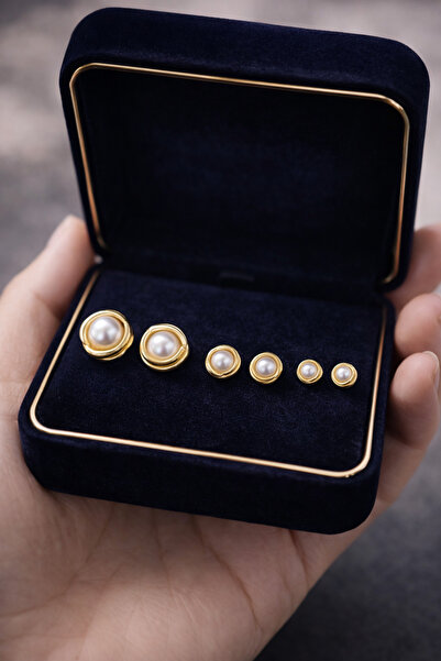 POEM JEWELLERY 18 Ayar Altın Kaplama İnci 3’lü Stud Paslanmaz Çelik Kadın Küp...