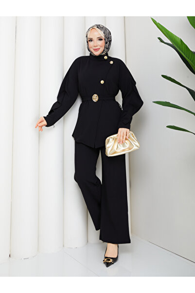 TOKARİS TEKSTİL طقم ملابس نسائية إسلامية مع سترة ذات ياقة وأزرار أمامية وبنطلون