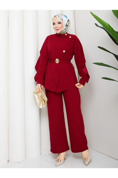 TOKARİS TEKSTİL Women's Hijab Suit with Buttoned Front Collar and Pants