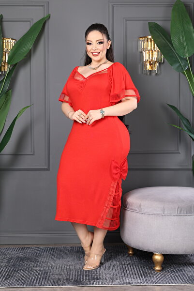 BONİTA FASHİON فستان شيفون برقبة على شكل حرف V تفاصيل على الأكمام مقاس كبير ش...