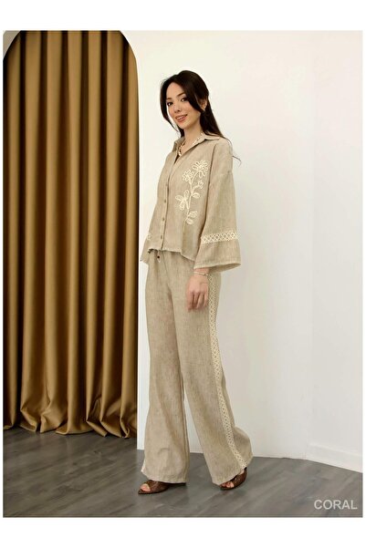 Coral Lace Striped Lace-Up Trousers Pnt01889 Beige