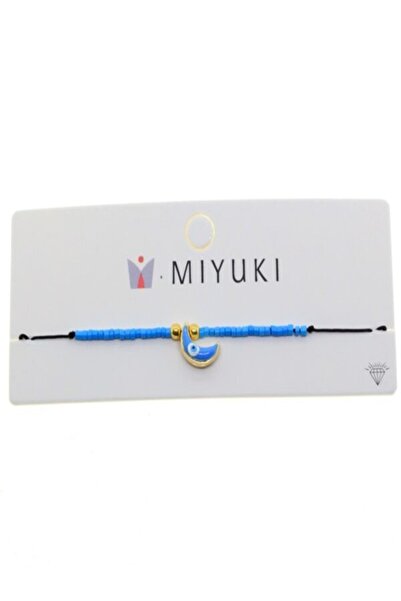YümanınYumağı Gold Color Blue Enamel Half Moon Model Miyuki Bracelet