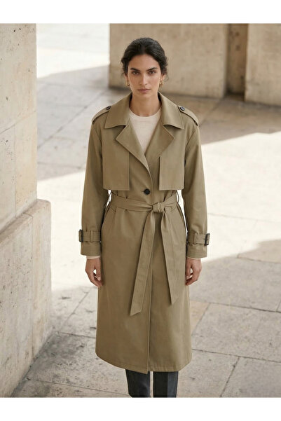 ÖRKCÜ Women's Beige Classic Double-Breasted Collar Belted Long Gabardine Tren...