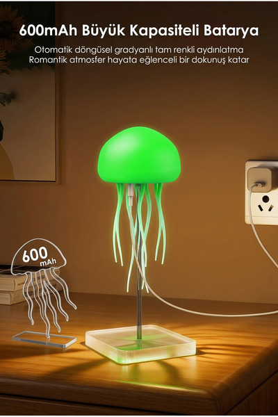 ALFAGİFT RGB Denizanası Gece Lambası Ses Sensörlü LED Dekoratif Masa Lambası USB Şarjlı Renk Değiştiren