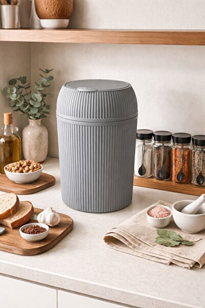 Line Gri Çizgili Yuvarlak Çöp Kovası 6 Litre Banyo Mutfak Çöp Kutusu
