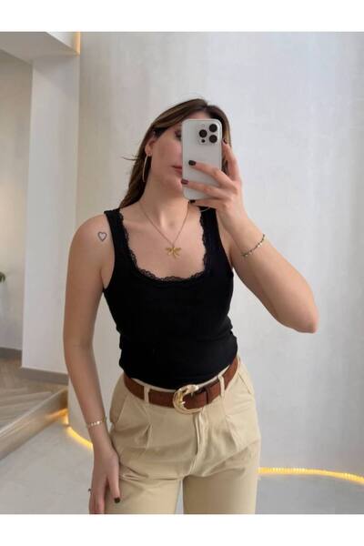 IŞILDA FASHION Collared Lace Detail Strap Blouse