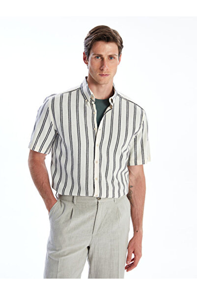 LC Waikiki Regular Fit Short Sleeve Striped Linen Look Men's Shirt