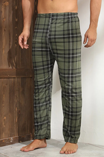 Serena Men's dark green pajama pants with black checks and white lines - loos...