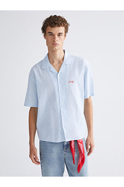 LC Waikiki Comfortable Fit Resort Collar Short Sleeve Striped Linen Blend Men...