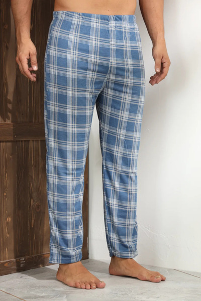 Serena Men's blue and gray checked pajama pants, loose fit - big size
