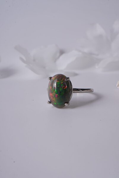 Aksesuaring 10*14mm Siyah Opal Taşlı Gümüş Yüzük