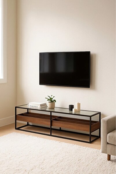 Arnohome طاولة تلفاز عصرية من خشب الجوز مع سطح زجاجي وإطار معدني أسود - 180×4...