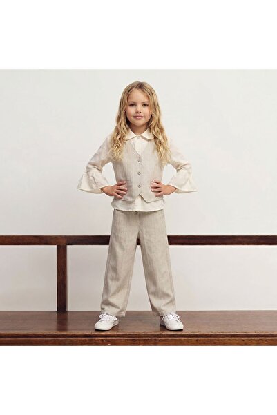 Alvadonna Ruffled Sleeves Embroidered Shirt Woven Vest Pants Set