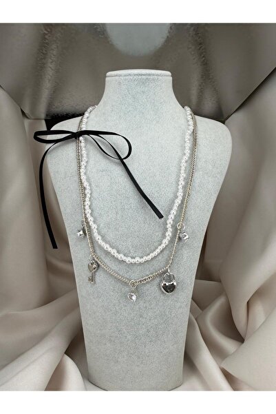 ZS Aksesuar Multi-Layered Women's Necklace with Pearl Detail and Heart Lock a...