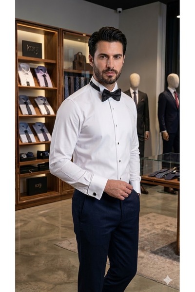 REMA STİL Slim Fit Uzun Kol Soft Saten Smokin Damatlık Erkek Gömlek