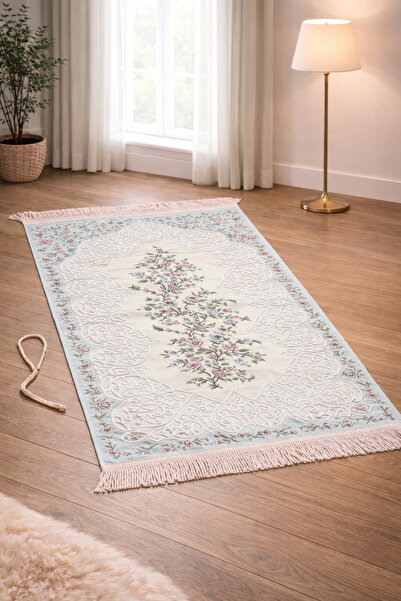 MELOŞ HOME Çiçek Detaylı - Mavi Şık Goblen Seccade