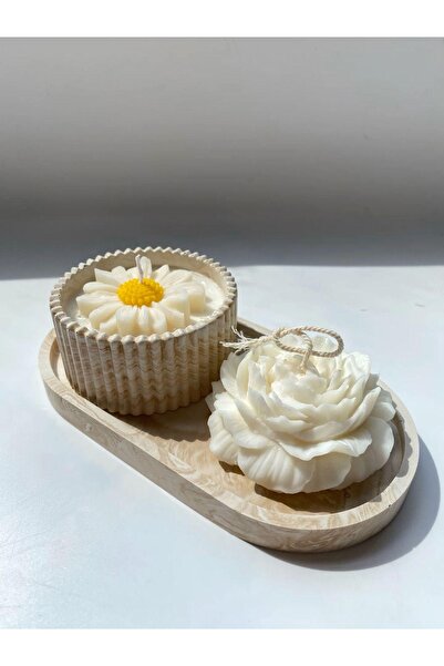 Soul Stone Atelier Decorative Oval Tray + Candle Box + Peony Rose Set Cream C...