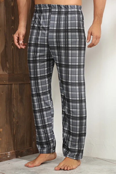 Serena Men's gray pajama pants with white checkered lines, loose fit - big size