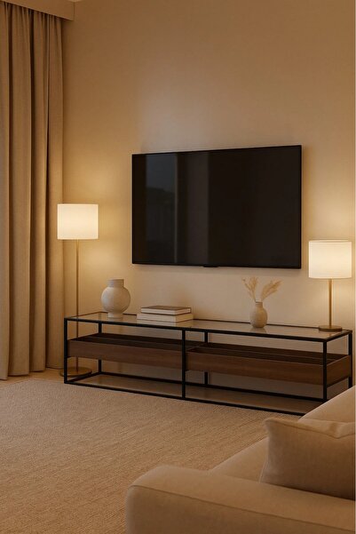 Arnohome طاولة تلفاز عصرية من خشب الجوز مع سطح زجاجي وإطار معدني أسود - 160×4...