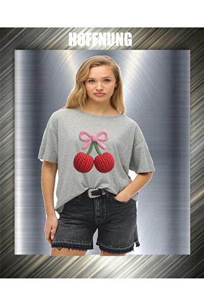 HOFFNUNG Unisex Short Sleeve Round Neck 2Cherries Love Printed Solid Color Ts...