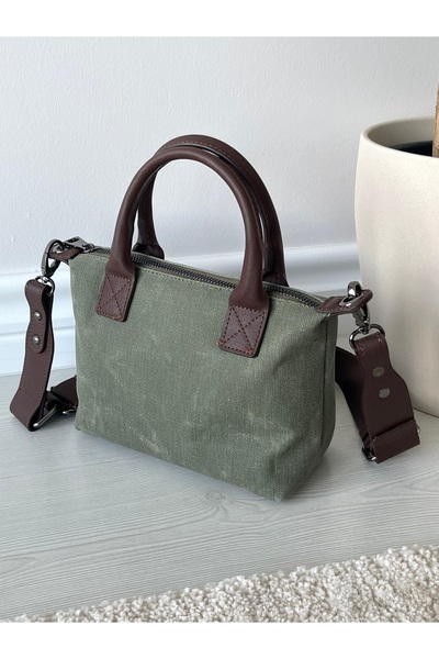 Nura Collection Khaki Green Linen Women's Mini Letter Model Handbag and Shoulder Bag