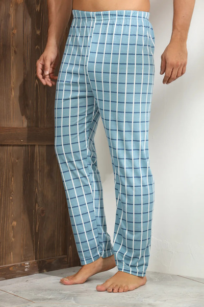 Serena Men's light blue checked pajama pants, loose fit - big size