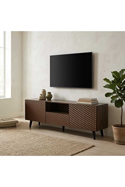 Arnohome طاولة تلفزيون خشبية بلون الجوز الداكن تدمج بين الأصالة والتصميم العص...